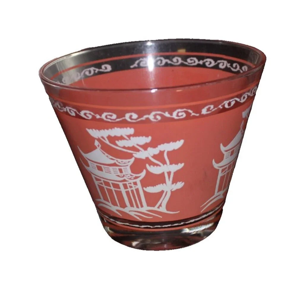 Vintage Hazel Atlas Coral Pink Pagoda Glass Ice Bucket Bowl 5